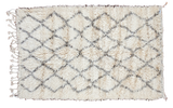 Fluffy ivory Beni Ourain Moroccan carpet with charcoal lattice pattern.