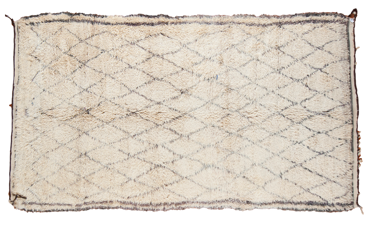 Vintage Beni Ourain Moroccan carpet, creamy ivory field with subtle silver grey lattice.