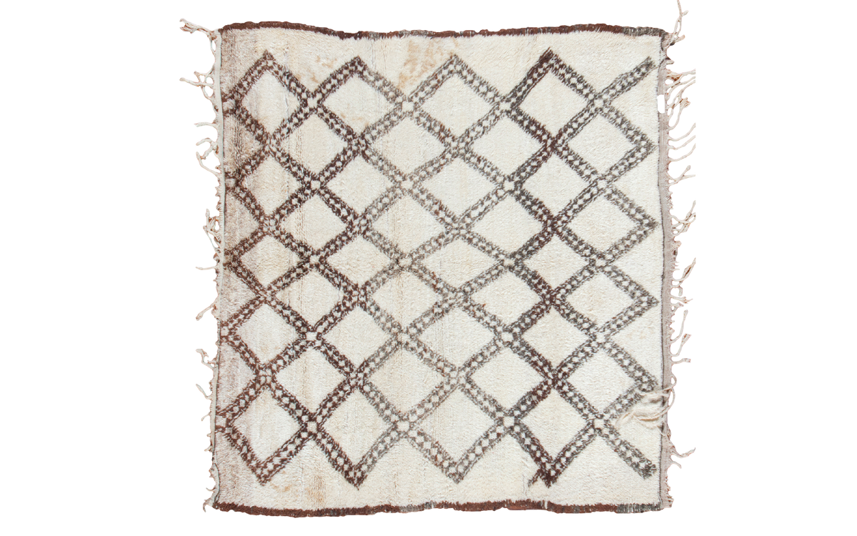 Vintage Beni Ourain Moroccan rug, fluffy natural wool with abrashes, brown diamond lattice, 5' x 5'5".