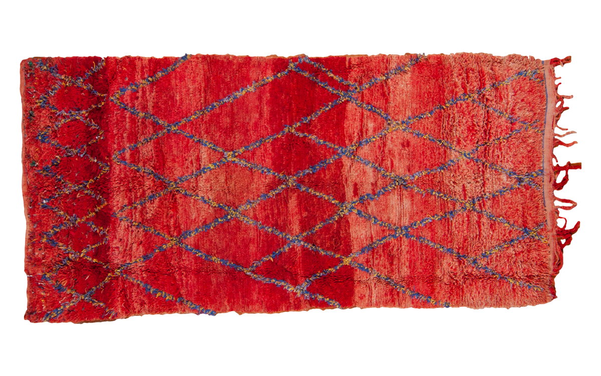 Vintage Moroccan rug, cherry red abrash field, royal blue lattice, saffron yellow accents.