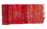 Vintage Moroccan rug, cherry red abrash field, royal blue lattice, saffron yellow accents.