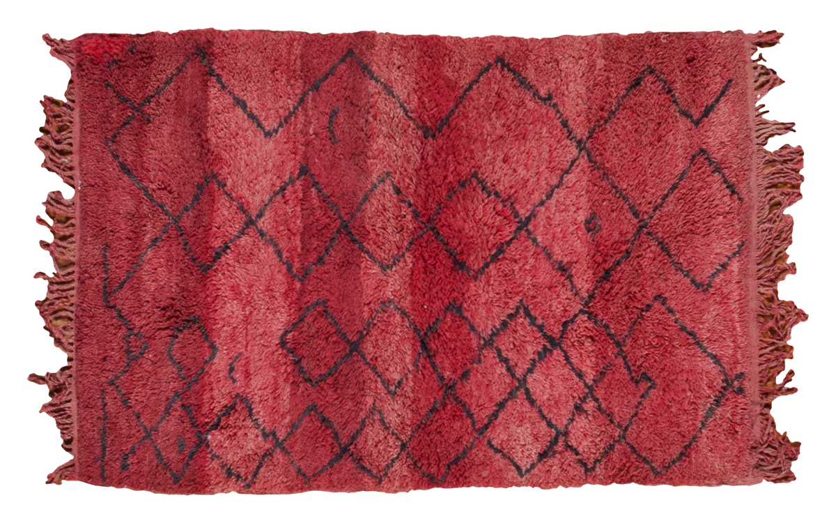 Vintage Moroccan rug in raspberry red and pink grapefruit with dark diamond lattice pattern.