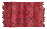 Vintage Moroccan rug in raspberry red and pink grapefruit with dark diamond lattice pattern.