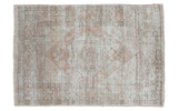 Decorative distressed Oushak carpet, soft peach and ivory medallion with geometric patterns, 6'3