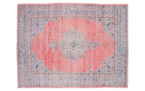 Distressed Oushak rug with faded red field, sky blue border, and ivory-mint medallion, 6'6