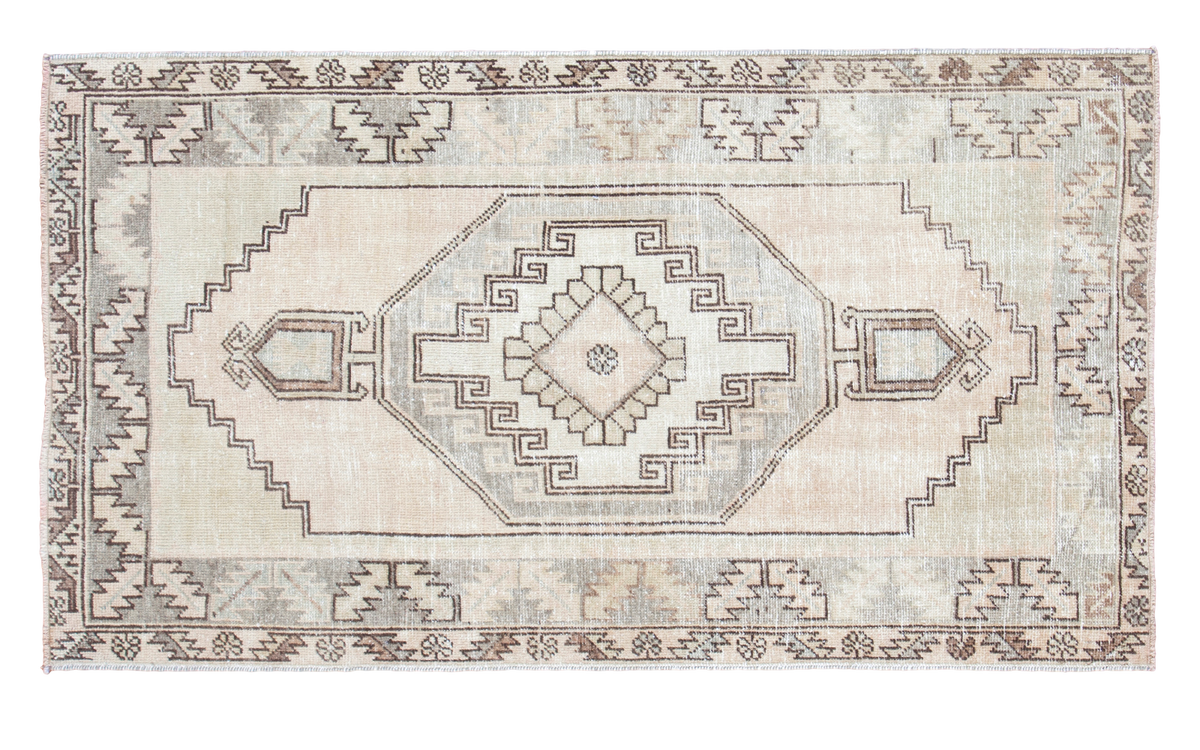 Vintage Oushak rug, geometric medallion with platinum, faded celadon, ivory tones, 3' x 5'4".