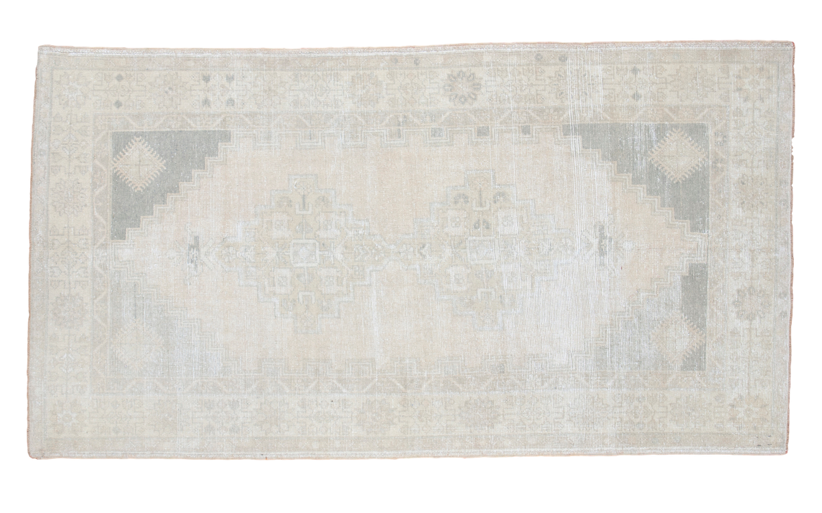 Distressed Oushak rug with soft beige, silver, charcoal, ivory palette, 4' x 7'4".