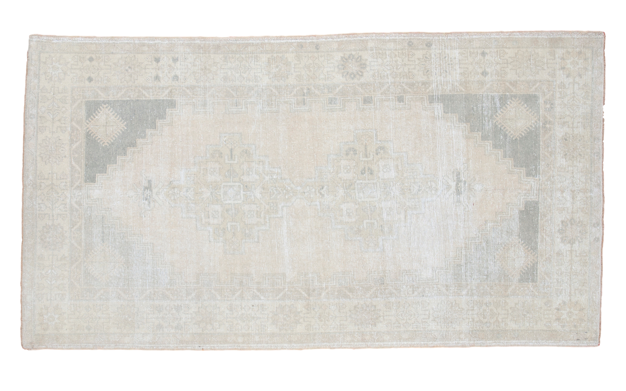 Distressed Oushak rug with soft beige, silver, charcoal, ivory palette, 4' x 7'4
