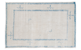 Distressed Oushak rug, soft tone-on-tone field with contrasting indigo blue borders, 4x6.