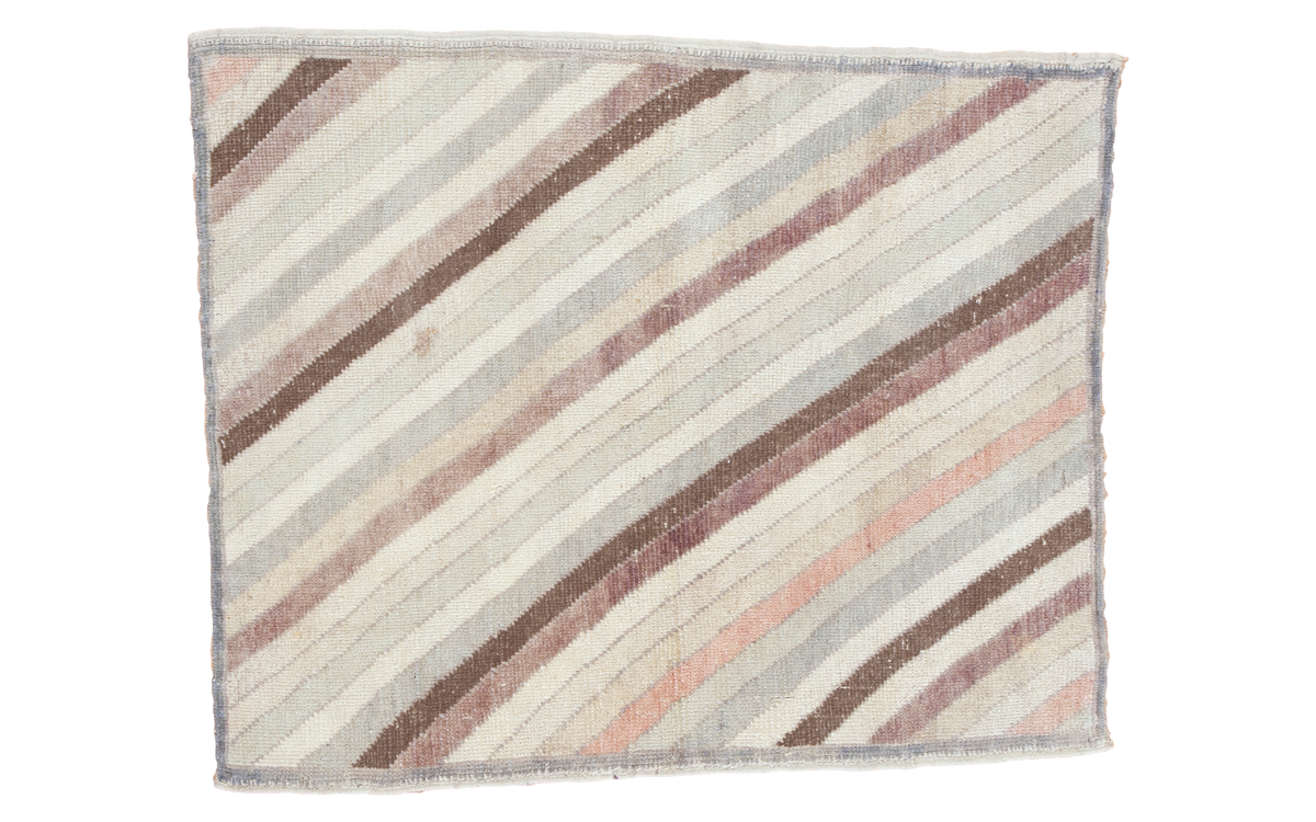 Vintage Tulu rug with diagonal running stripes in pale rainbow and earth tones, 3x3'8.