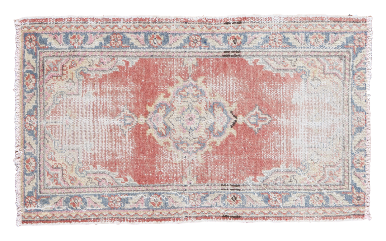 Distressed vintage Turkish Oushak rug, soft red field, sky blue medallion, 2'6