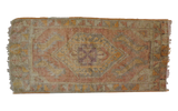 Vintage Oushak rug, sun-kissed brick red, saffron yellow, and soft violet geometric medallion.