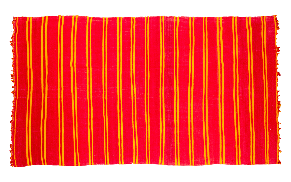 Vintage Moroccan Kilim rug with vibrant red and yellow vertical stripes, 6'5" x 11'4".