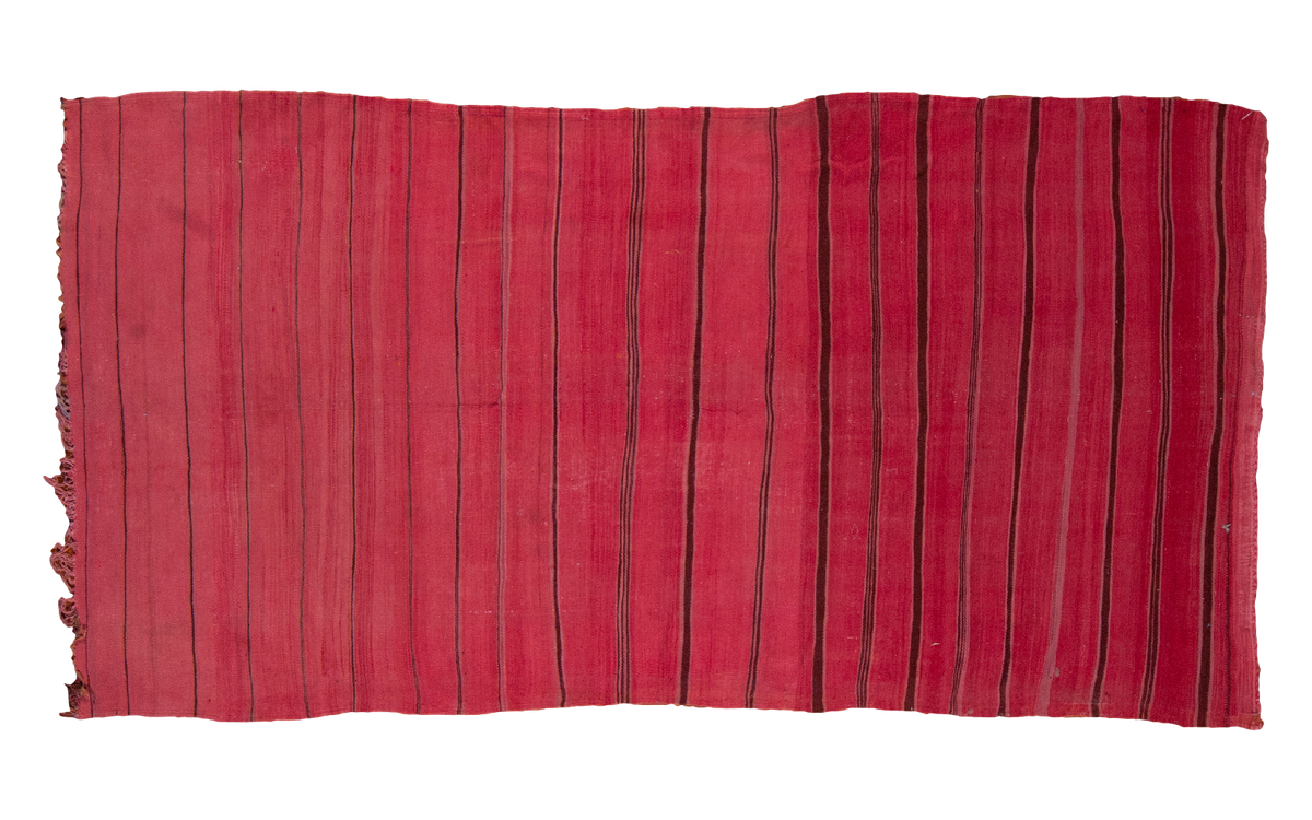 Cranberry red vintage Moroccan Kilim rug runner with dark vertical stripes, 5'2" x 10'.