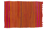 Vintage Moroccan kilim rug features eggplant purple, bright pink, fire orange stripes, 5'1