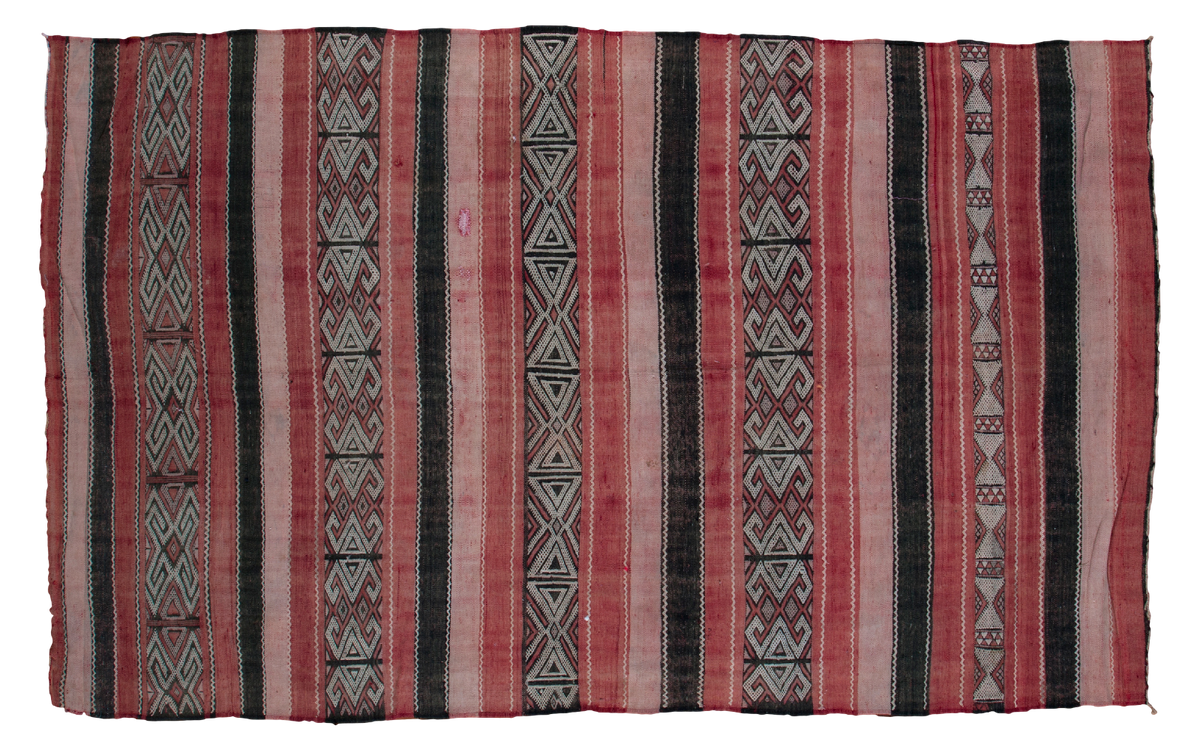 Vintage Jijim carpet featuring wine red, charcoal, and platinum stripes with geometric motifs 5'1" x 8'6".