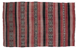 Vintage Jijim carpet featuring wine red, charcoal, and platinum stripes with geometric motifs 5'1