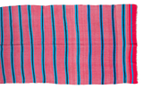 Vintage Moroccan Kilim carpet, bubble gum pink, bright blue, and charcoal black stripes. 5'10
