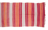 Vintage Moroccan Kilim runner, bright orange, cranberry red, ivory, platinum grey stripes.
