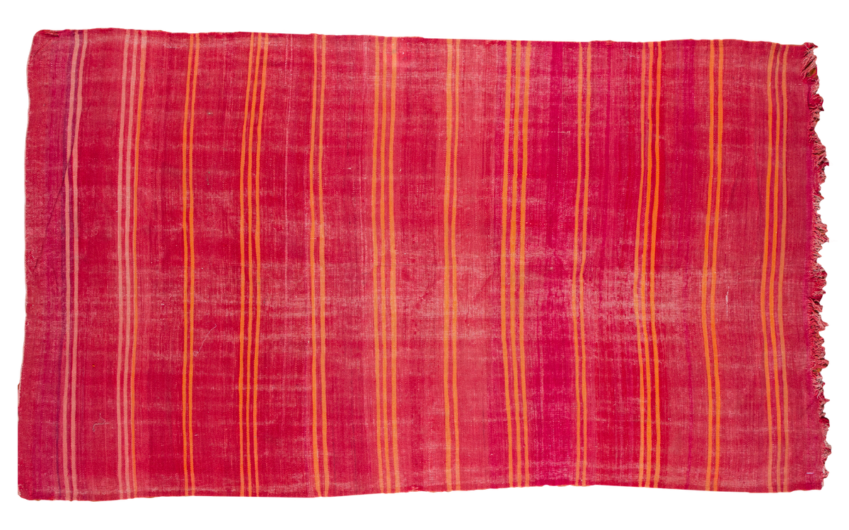 Vibrant red and orange striped vintage Moroccan Kilim rug, handwoven wool, 5'4" x 9'7".