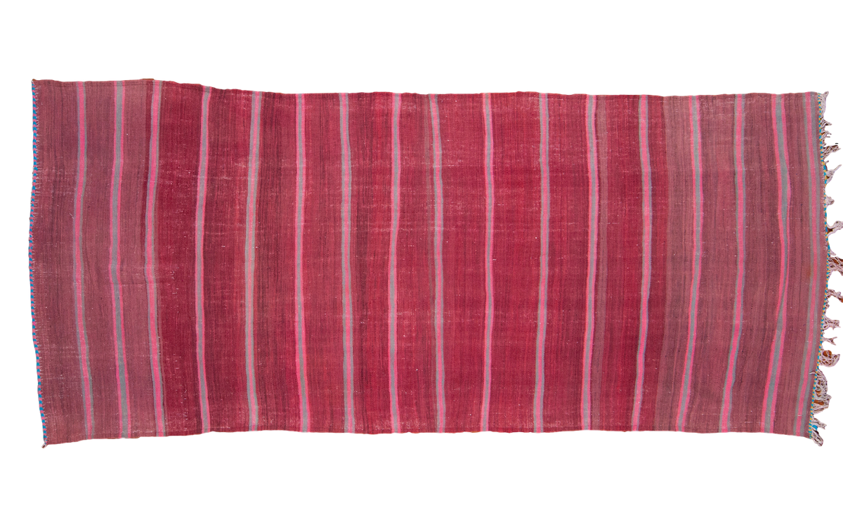 Vintage Moroccan kilim runner, grape red-purple with pink and grey vertical stripes, 5' x 11'8".