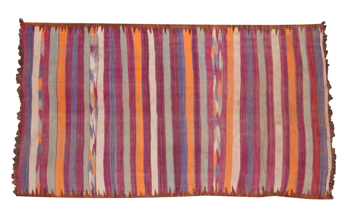 Vintage Moroccan kilim with tribal orange, purple, gray, ivory stripes, 5'5" x 9'5".