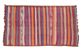 Vintage Moroccan kilim with tribal orange, purple, gray, ivory stripes, 5'5