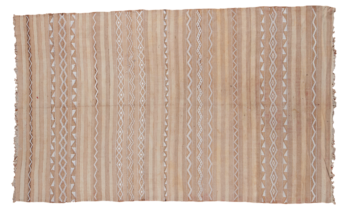 Vintage flat woven Kilim carpet, soft-tone beige and ivory geometric stripes, 5'2" x 8'6".