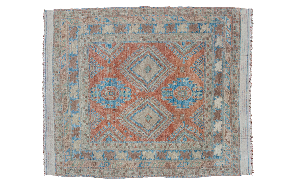 Bright pumpkin orange and sky blue vintage Afghan rug, geometric design, 6'2" x 6'8".