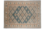 Vintage Oushak carpet: sun-kissed aqua teal field, geometric beige and bronze patterns, 10'6