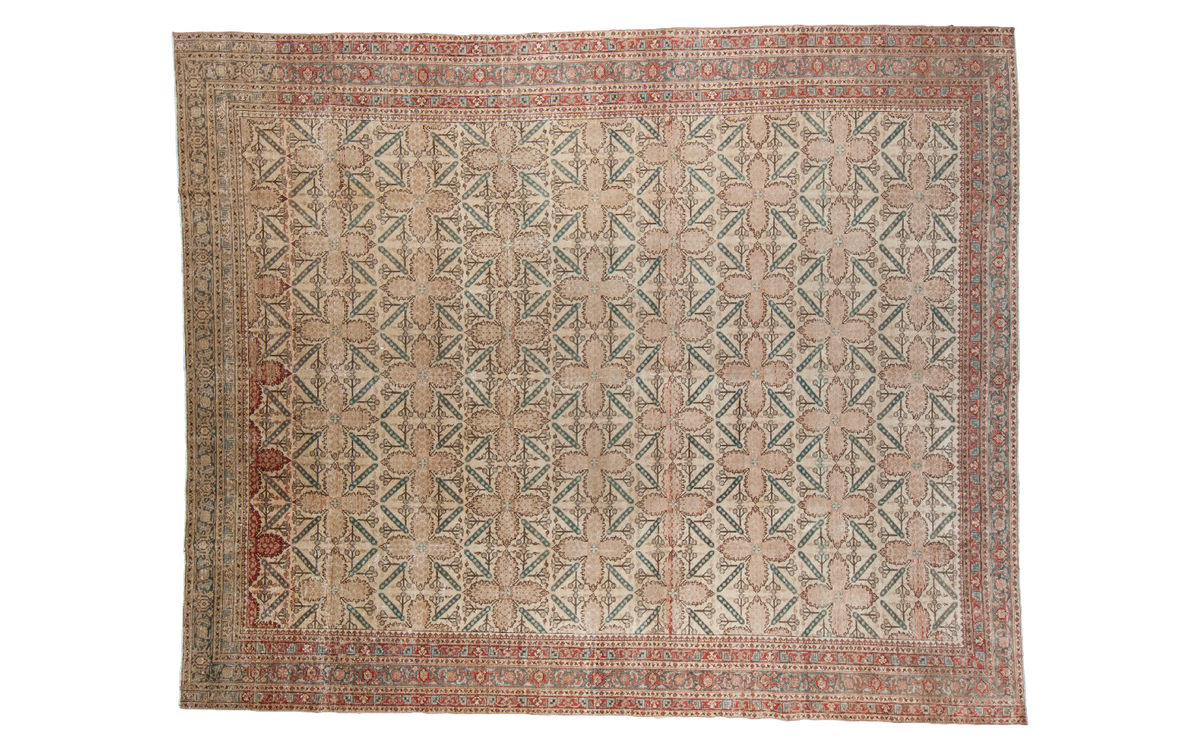 Antique Tabriz carpet, repeating quatrefoil lattice in ivory, teal, and red, 10'10" x 13'3".