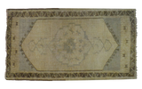 Vintage Oushak rug mat with beige gold medallion, silver tones, charcoal bronze border.