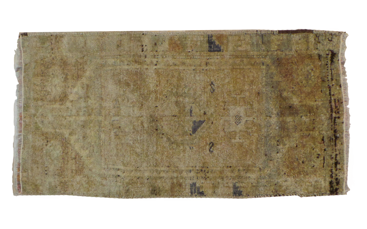 Vintage Oushak runner with subtle medallion, gold, beige, and ink blue abrashes, 1'7" x 3'2".