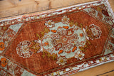 Vintage Oushak rug's hand-knotted pile featuring tomato orange red and grey design.