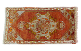 Hand-knotted vintage Oushak runner, geometric medallion in tomato red, grey, ivory, 1'7