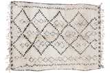 Vintage Moroccan carpet featuring a playful ivory and charcoal diamond and harlequin motif.