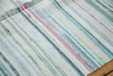 Hand woven rag rug texture with varied pastel, ivory, red, blue, and charcoal stripes.