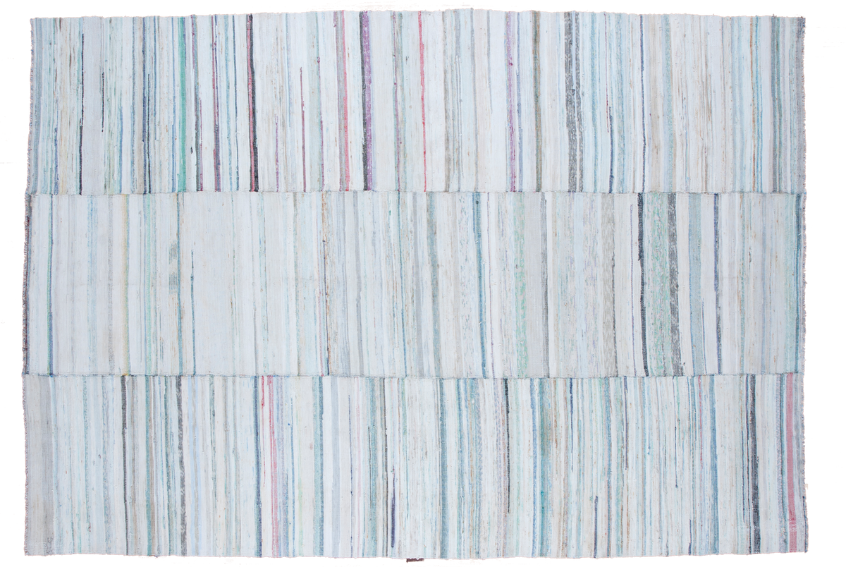 Vintage rag rug with vertical stripes in neutral and pastel tones, 6'7" x 9'6".