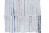 Hand-woven mid-century Turkish rag rug of recycled linens, ivory, blue, charcoal stripes.