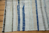 Textured hand woven rag rug with vivid blue, ivory, and pastel striped recycled linen.