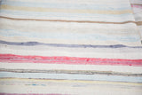 Detail of hand woven vintage rag rug, displaying recycled linen texture and pastel stripes.