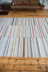 Hand woven rag rug bottom edge with pastel and neutral striped pattern.