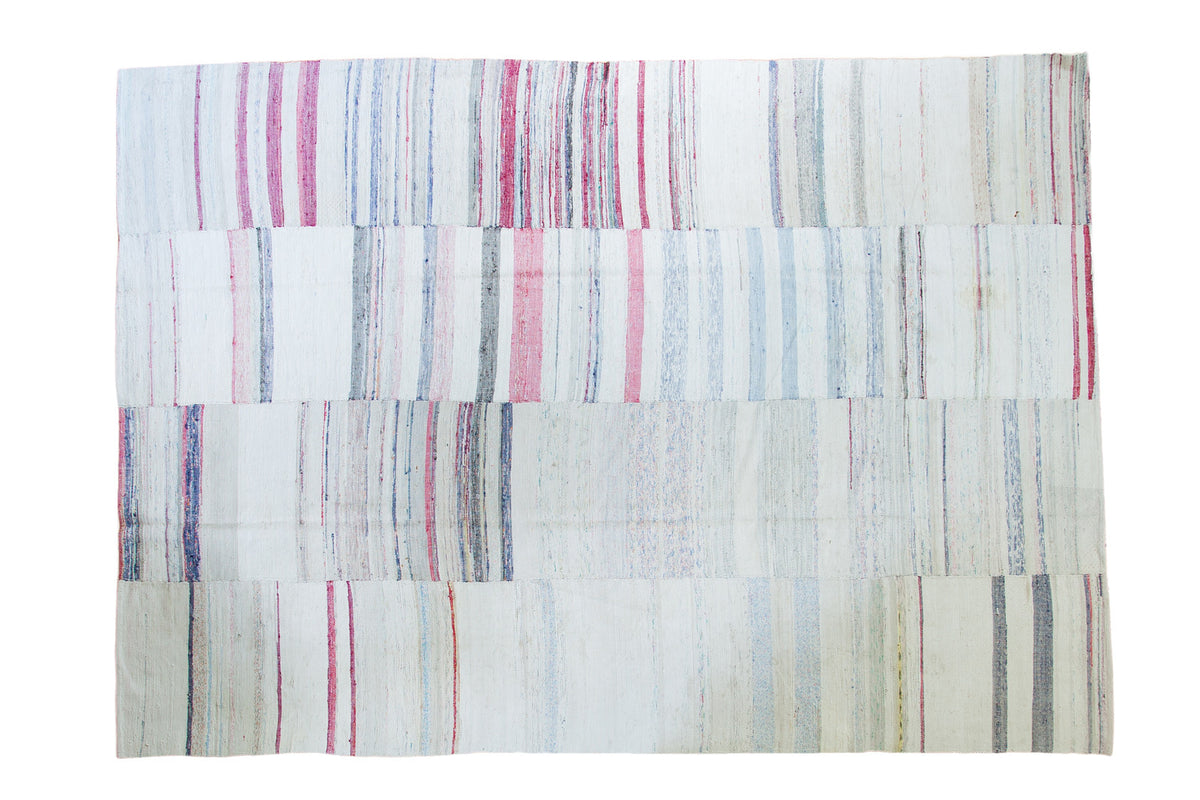 Vintage hand woven rag rug, pastel, ruby, charcoal vertical stripes, 7'7" x 10'9".