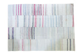 Vintage hand woven rag rug, pastel, ruby, charcoal vertical stripes, 7'7