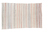 Vintage hand woven rag rug with vertical stripes in ivory, pastel red, blue, and charcoal, 6'7