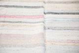 Hand woven linen rag rug close-up with horizontal pastel ivory and charcoal stripes.