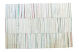 Hand woven vintage rag rug, striped with pastel ivory, charcoal, and neutral tones, 6'6