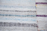 Hand woven vintage rag rug with pastel ivory, charcoal, blue, and purple stripes joined.