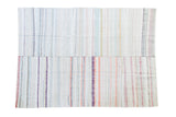 Vintage hand woven rag rug featuring vertical stripes in pastel, ivory, and charcoal, 6'11