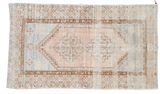 Faded distressed Oushak rug featuring geometric patterns in blue, ivory, and terra cotta, 4x7.